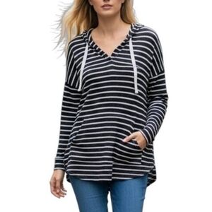 Market & Spruce Grey Stripe Hoodie White Gray Pullover Women's Knit Shirt XL Top